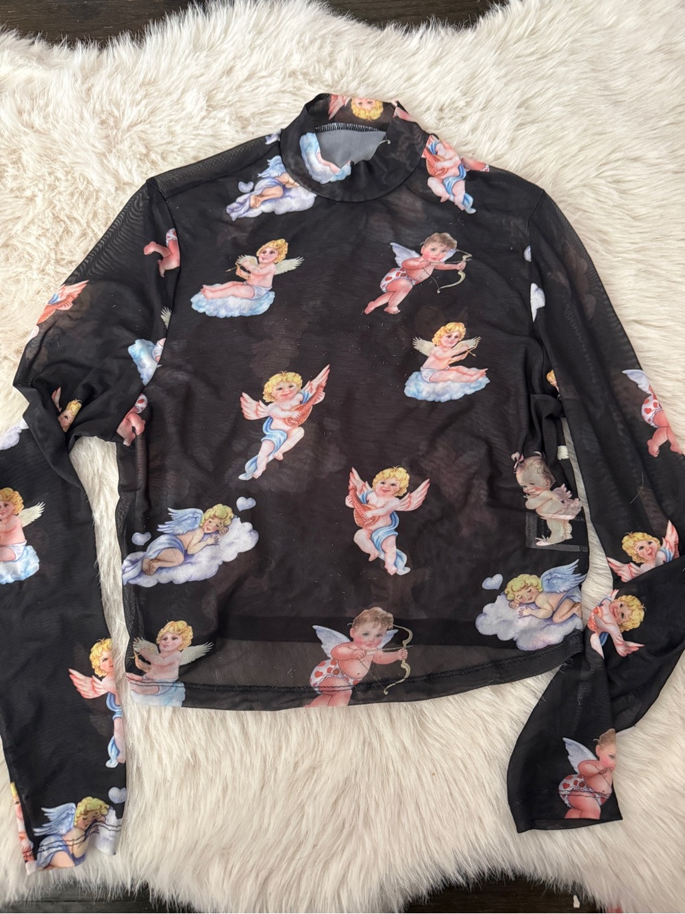 Black Mesh Long Sleeve Top with Cherub Print 1XL - Picture 2 of 3